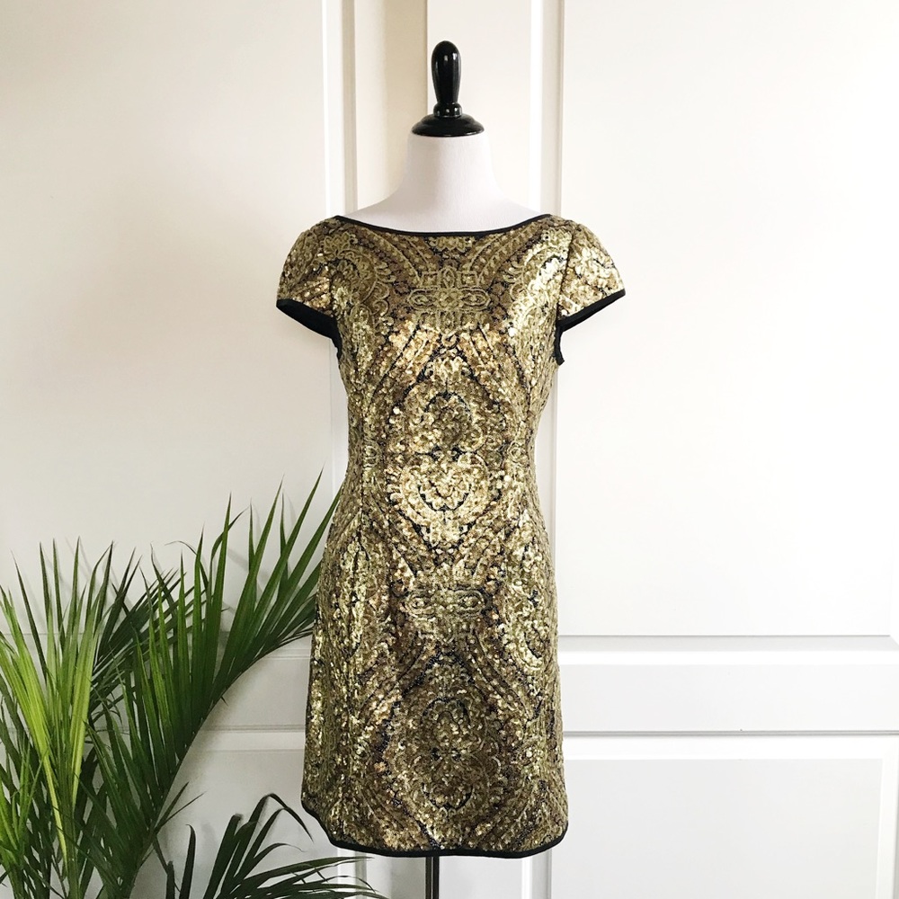 Nanette Lepore Gold Sequin Cap Sleeve Dress